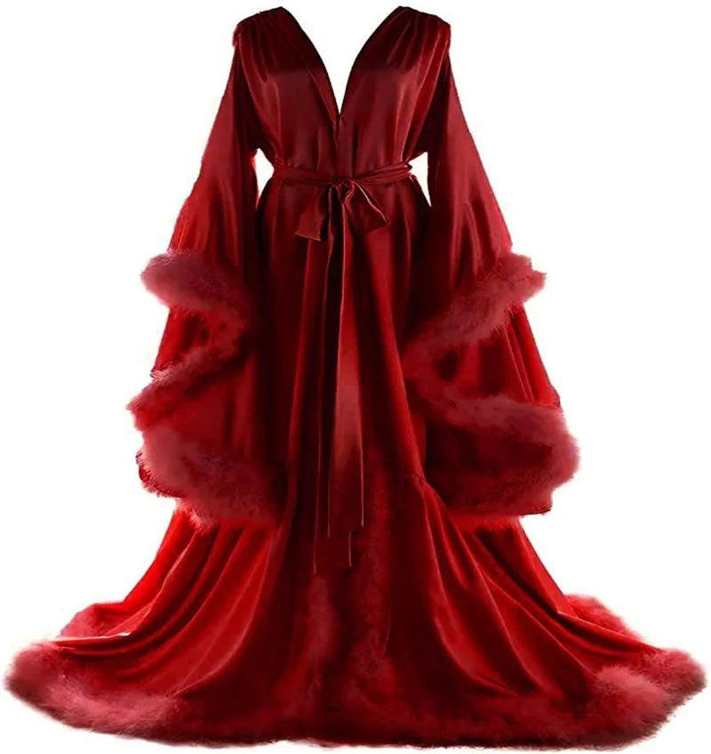 Feather Satin Women Prom Dress Sexy V Neck Full Sleeves Satin Wedding Sleepwear Evening Gown Customized Formal Bridal Robe