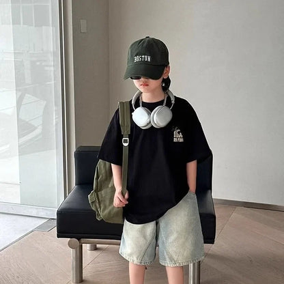 Black Graffiti Letters Pure Cotton Short Sleeve T-Shirt for Tween Boys Loose Fit Summer Youthful Wear Kids Outerwear Clothing