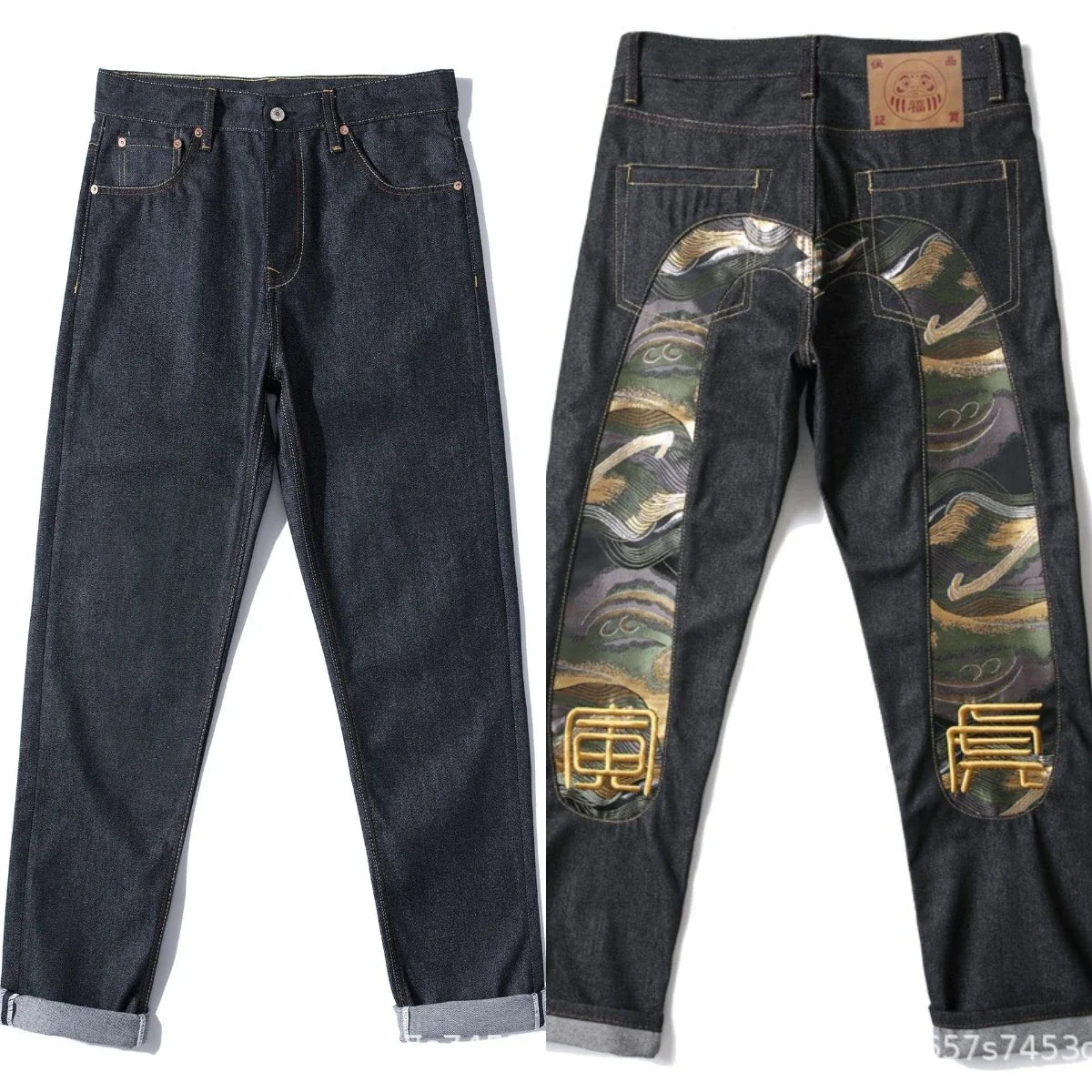 Men's Japanese Handmade Embroidered Jeans Pure Cotton Straight Tube Hip-Hop Popular Slim Red Ears Show Thin Trousers Devil Black