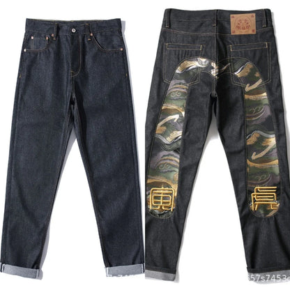 Men's Japanese Handmade Embroidered Jeans Pure Cotton Straight Tube Hip-Hop Popular Slim Red Ears Show Thin Trousers Devil Black