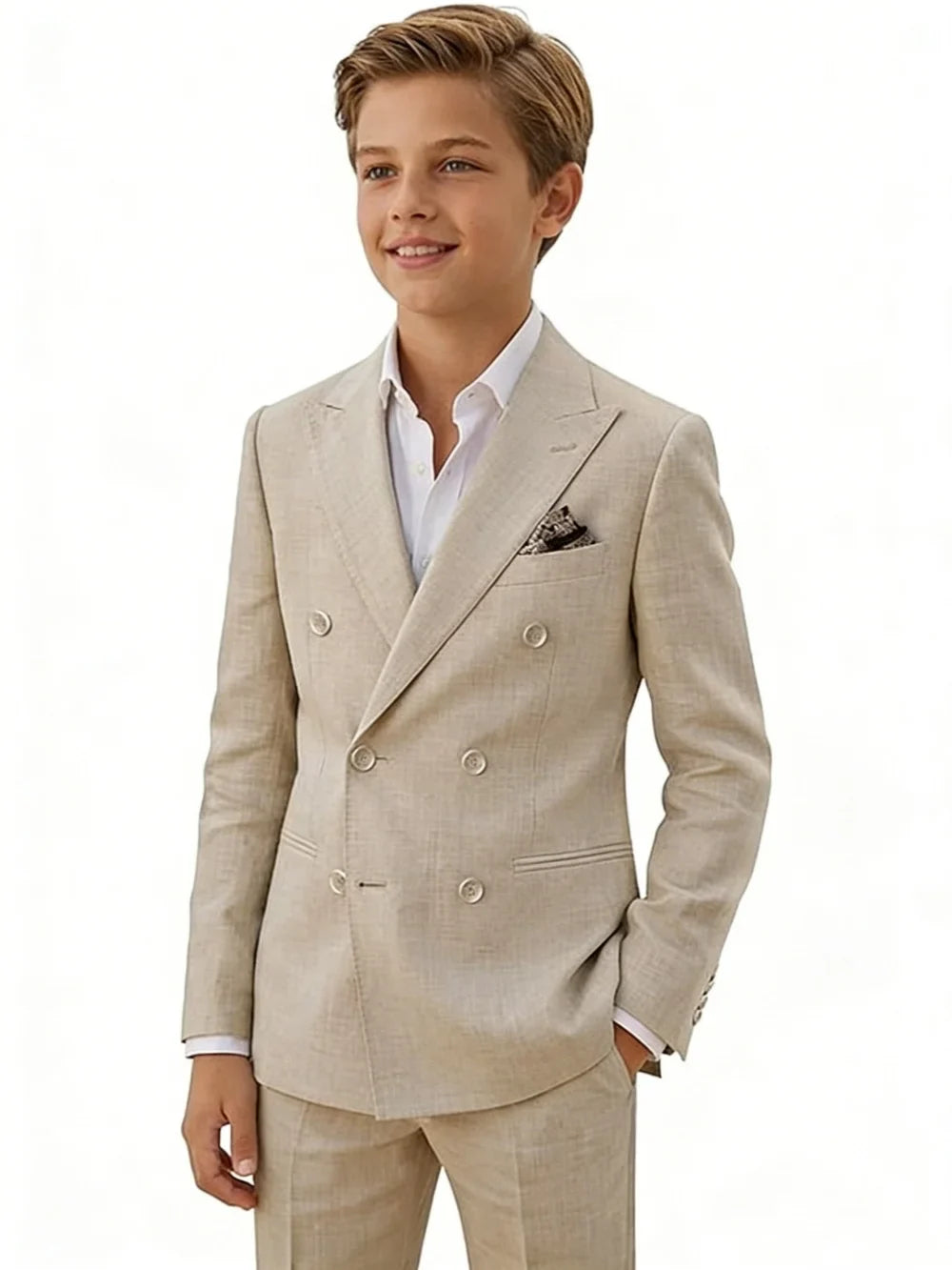 Boys Linen Suit Set 2 Pieces Banquet Party Wear Double Breasted Kids Tuxedo With Jacket Pants For Birthday Gift Elegant Suits