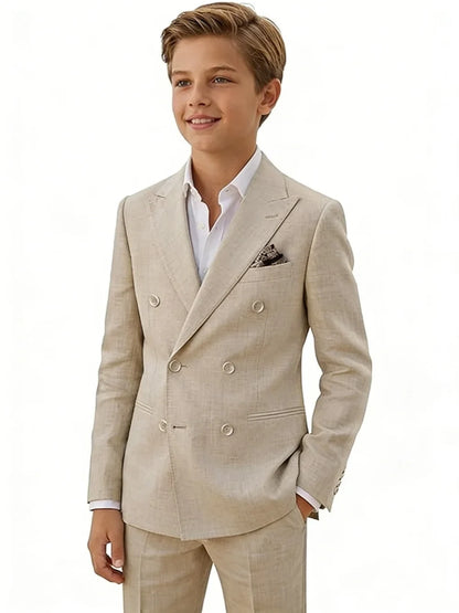 Boys Linen Suit Set 2 Pieces Banquet Party Wear Double Breasted Kids Tuxedo With Jacket Pants For Birthday Gift Elegant Suits