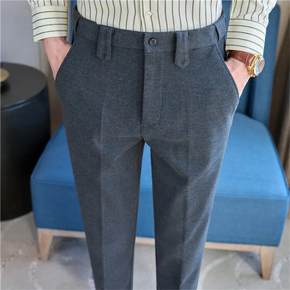 Autumn Winter High Quality Men's Wool Blends Suit Pants Solid Striped Smart Casual Slim Fit Suit Trousers Men Woolen Dress Pants