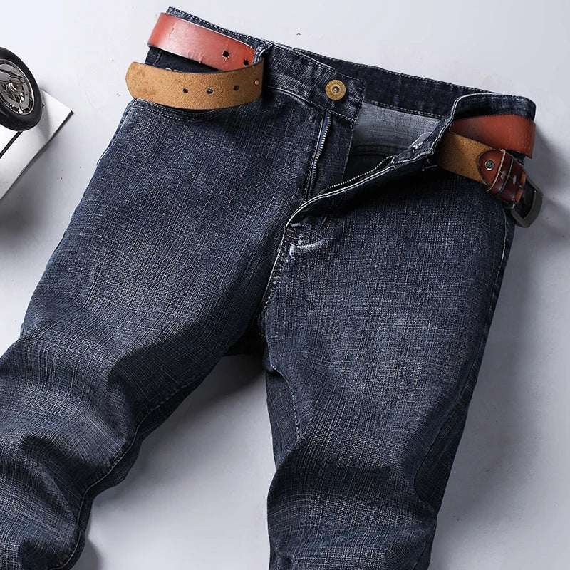 Spring Autumn Business Men Jeans Casual Straight Stretch Fashion Classic Black Sky Blue Grey Work Denim Trousers Brand Clothing