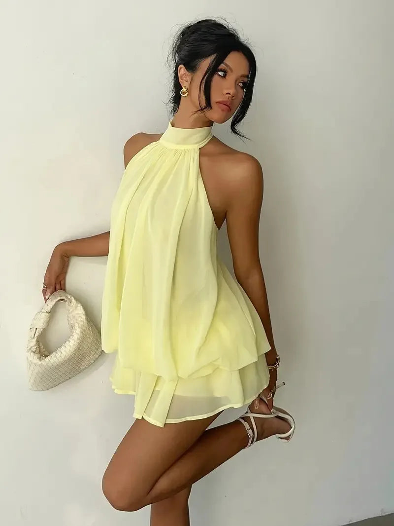 Women's Halter Neck Dress, Backless Tie-Front Chiffon Sheer Mini Skirt, Fashionable Sexy Y2K Vintage Cute Party Birthday Dress