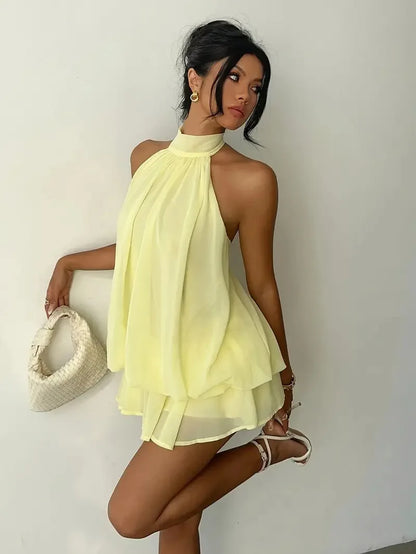 Women's Halter Neck Dress, Backless Tie-Front Chiffon Sheer Mini Skirt, Fashionable Sexy Y2K Vintage Cute Party Birthday Dress