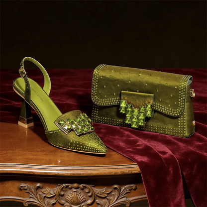 Elegant Green Rhinestone Slingback Heels & Matching Handbag Set by Venus Chan 2026 – Stylish Pointed Toe Design for Women