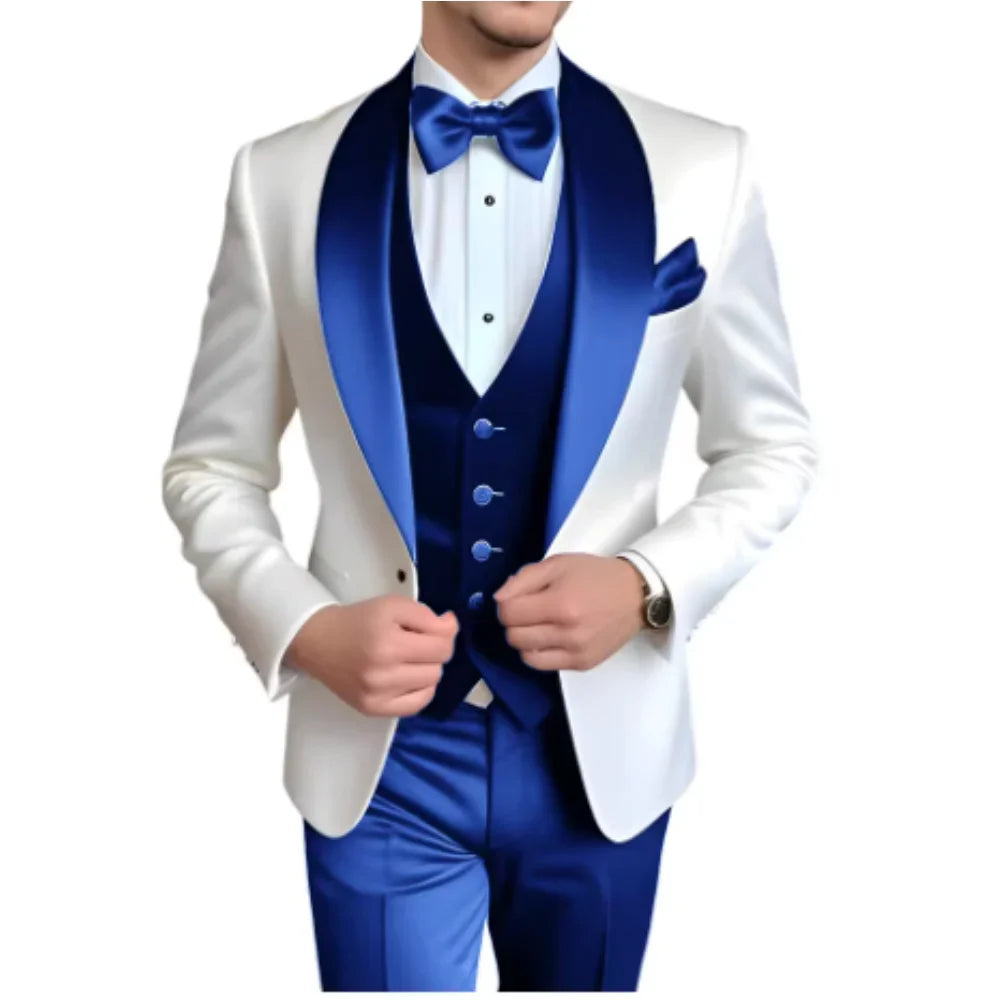 Customized Men's 3 Piece Tuxedo With Scarf Lapel Smoking Suit Wedding Groomsmen Formal Party Blazer Terno Masculino