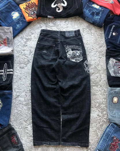 Southpole Baggy Jeans Mens Hip-Hop Multiple Pockets Overalls Retro Embroidery Harajuku Street Wear Oversized Printed Denim Pants