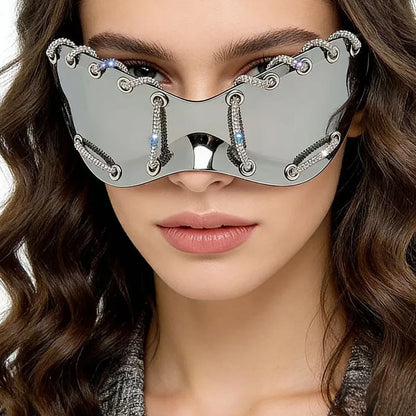 Women's Exaggerated Oversized One-Piece Rhinestone Chain Sunglasses Y2K Retro Futuristic Fashion Silver Goggles Shades for Party