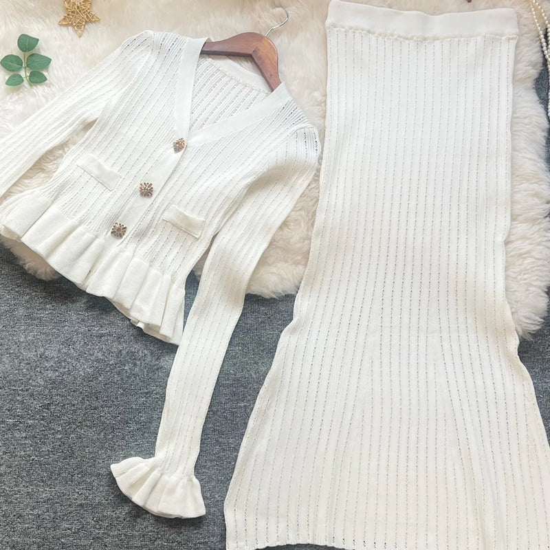 Brand Fashion One-piece Knitted Maxi Dress Women Elegant V-neck Ruffled Slim Waist Bodycon Sweater Dress Party Vestido