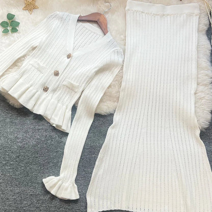 Brand Fashion One-piece Knitted Maxi Dress Women Elegant V-neck Ruffled Slim Waist Bodycon Sweater Dress Party Vestido