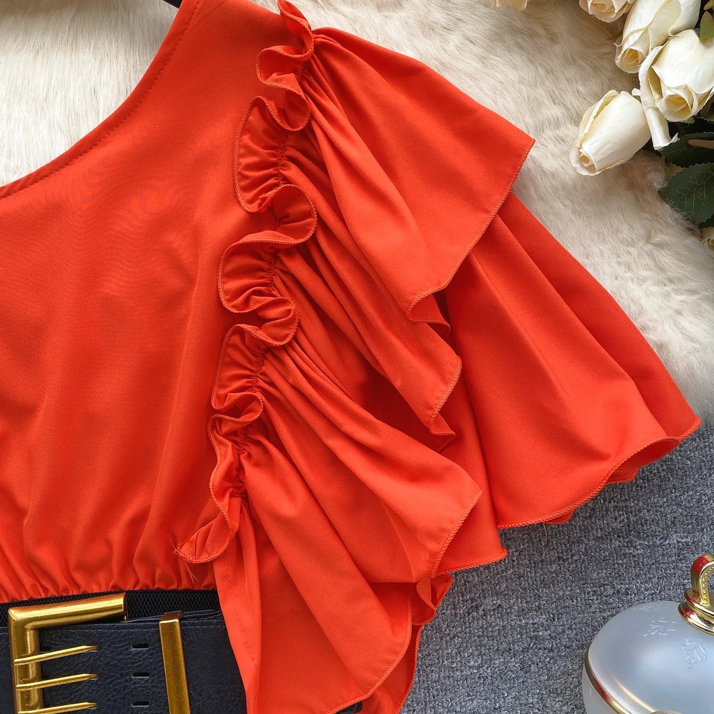 American Chic Blouse for Women Flounced Edge Skew Collar Bare Midriff Belt Skinny Shirts Summer Casual Female Tops Dropshipping