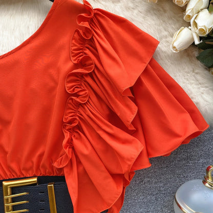 American Chic Blouse for Women Flounced Edge Skew Collar Bare Midriff Belt Skinny Shirts Summer Casual Female Tops Dropshipping