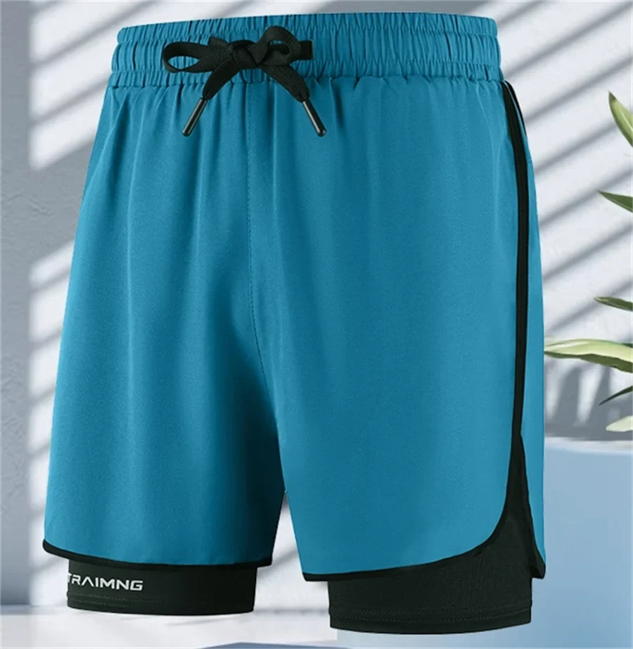 Men Fitness Built-in pocket sports Shorts Summer 2 In 1 Quick Dry Gym Beach shorts Running Double-deck Shorts Outdoor sweatpants