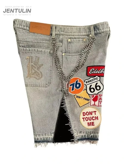 Retro Blue Streetwear Patchwork Denim Short Y2K Jeans Men Women Hip Hop Cartoon Graphics Loose Metal Denim Fitness Casual Shorts
