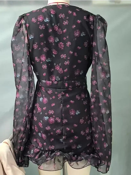 Flora Painted Ruffle Women Elegant Mini Dress Full Sleeve Deep V-neck Slim A-line Vestido 2026 Lady Holiday Street Robes New
