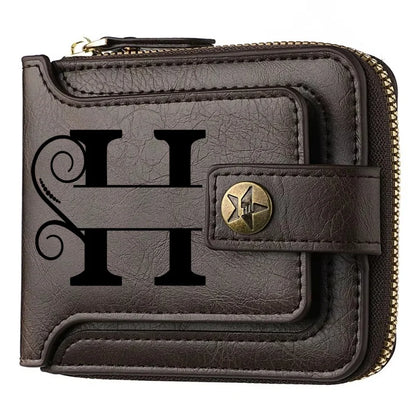 Portefeuille court en cuir PU personnalisé avec chaîne pour homme, portefeuille bifold marron élégant avec nom et texte gravés pour la Saint-Valentin et les anniversaires