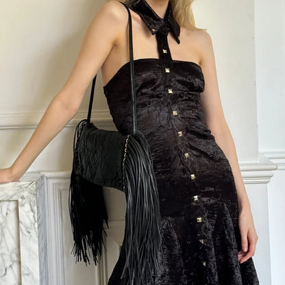 Rock Long Tassel Rivet Punk Pleated Women Armpit Bag Black Pu Leather Female Shoulder Bags Street Fringed Ladies Clutches