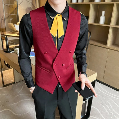 2025 New Fashion Men's Double Breasted Gentleman Dress Casual Vest Fashion Nightclub Bartender Work Clothes V Neck Vest Jacket