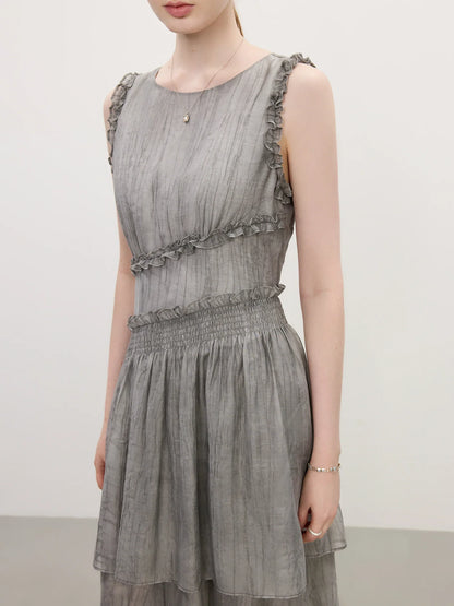Summer 2025 Textured Pleat Dress - Fluid Asymmetric Hem Sleeveless Resort to Office Elegant Silhouette