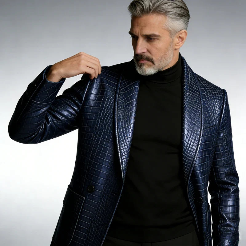 Men's Crocodile Pattern Leather Blazer 1 Button Shawl Collar Tuxedo Jacket Formal Business Wedding Coat Luxury Suit Outerwear