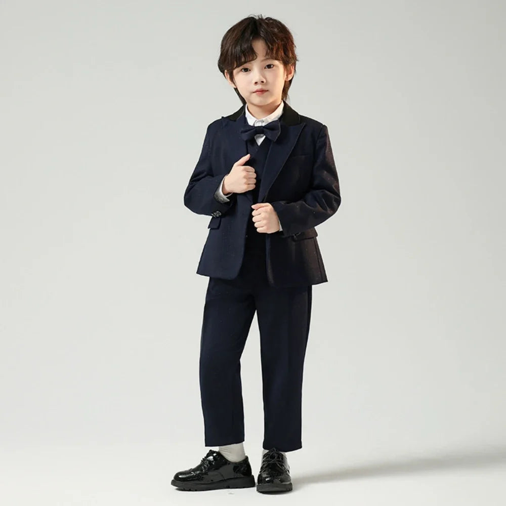 Navy Children's Fashionable Suit Set 5 Pieces,Double Breasted Boys Suits For Banquet Party,Kids Tuxedo Performance Wear