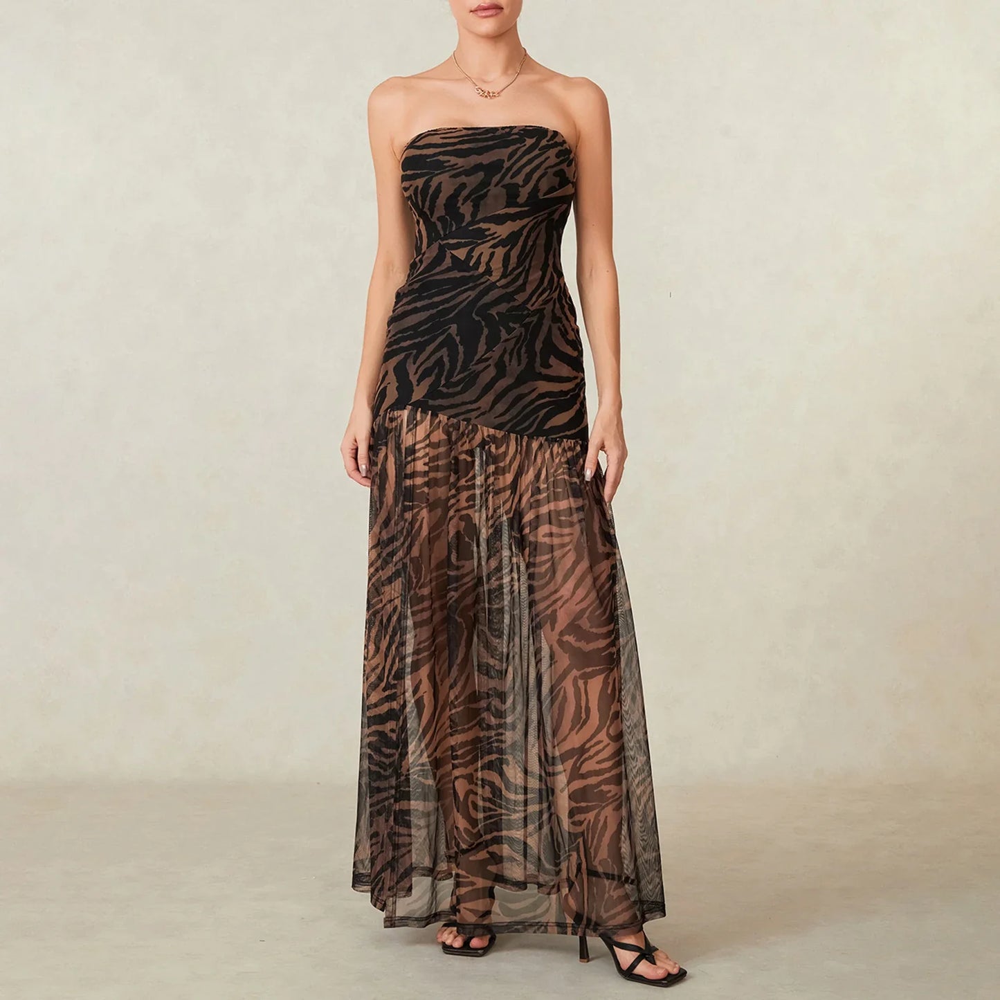 Women Tube Top Dress Slim Strapless Backless Mesh Patchwork Tropical Print High Slit Long Dress for Party Club Night