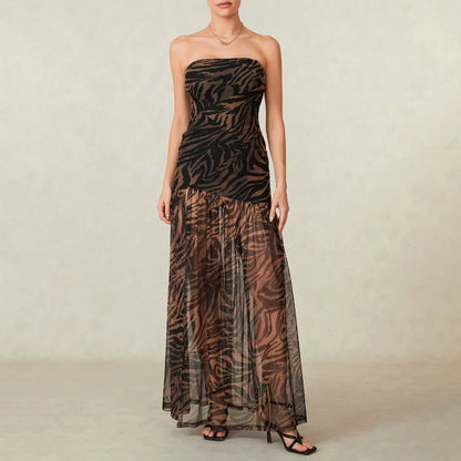 Women Tube Top Dress Slim Strapless Backless Mesh Patchwork Tropical Print High Slit Long Dress for Party Club Night