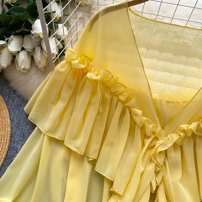 Chic Ruffles Splice Chiffon Blouse V Neck Flared Sleeve Loose Tops 2025 Fashion Solid Fairycore Vacation Women Shirt