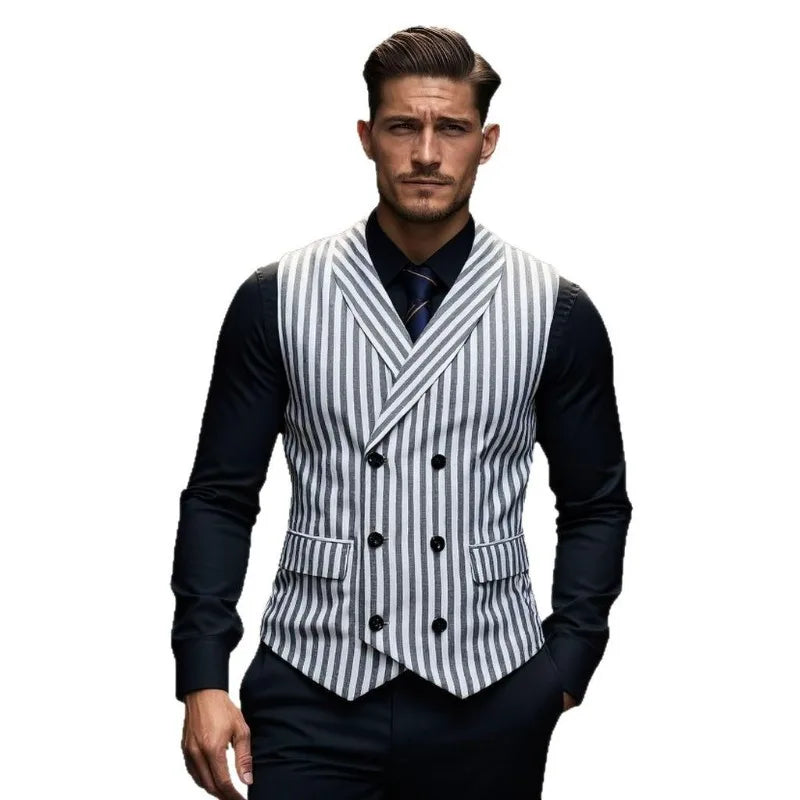 Man Suit Vest Vintage Striped Double-breasted Men Waistcoat British Style Slim Sleeveless Casual Versatile Male Vest