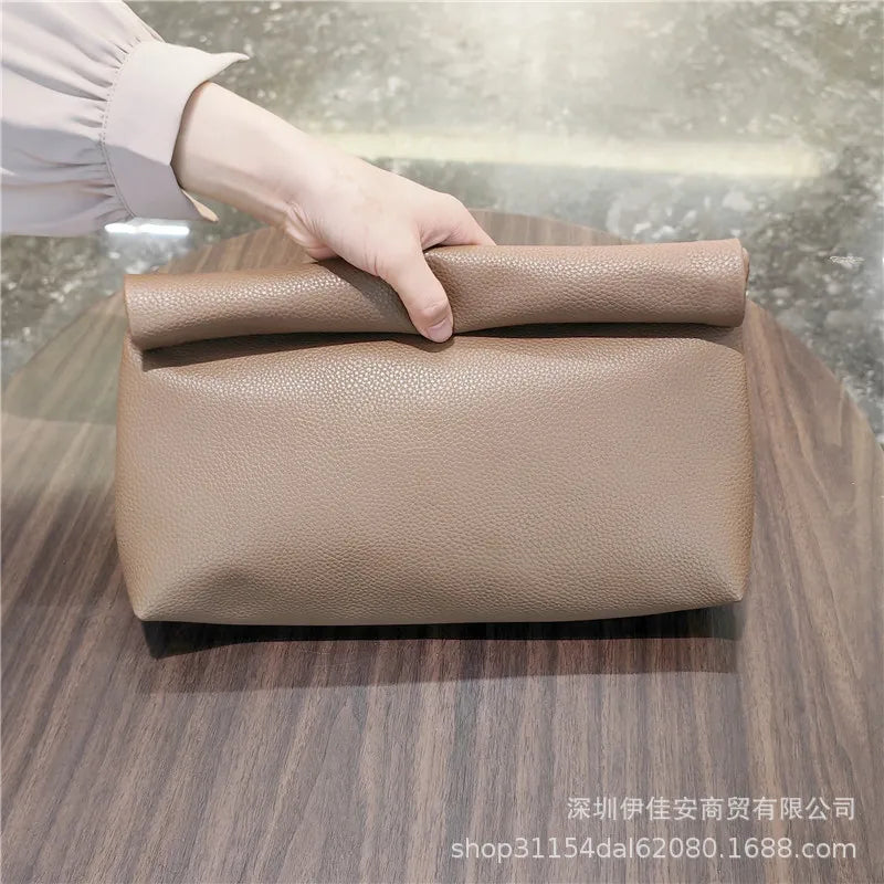 Simple Black Dull Handbag Rolled Edges Large Capacity Soft Texture Women's Casual Clutch Bag Vintage Artistic Style