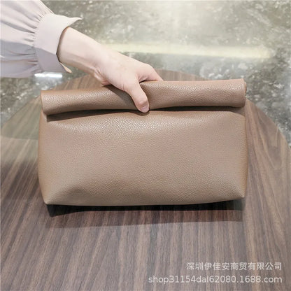 Simple Black Dull Handbag Rolled Edges Large Capacity Soft Texture Women's Casual Clutch Bag Vintage Artistic Style