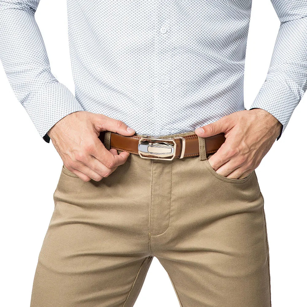 Men Belt High Quality Genuine Leather Belt Metal Alloy Automatic Buckle Brand Luxury Design Waist Belts for Men 150cm Size