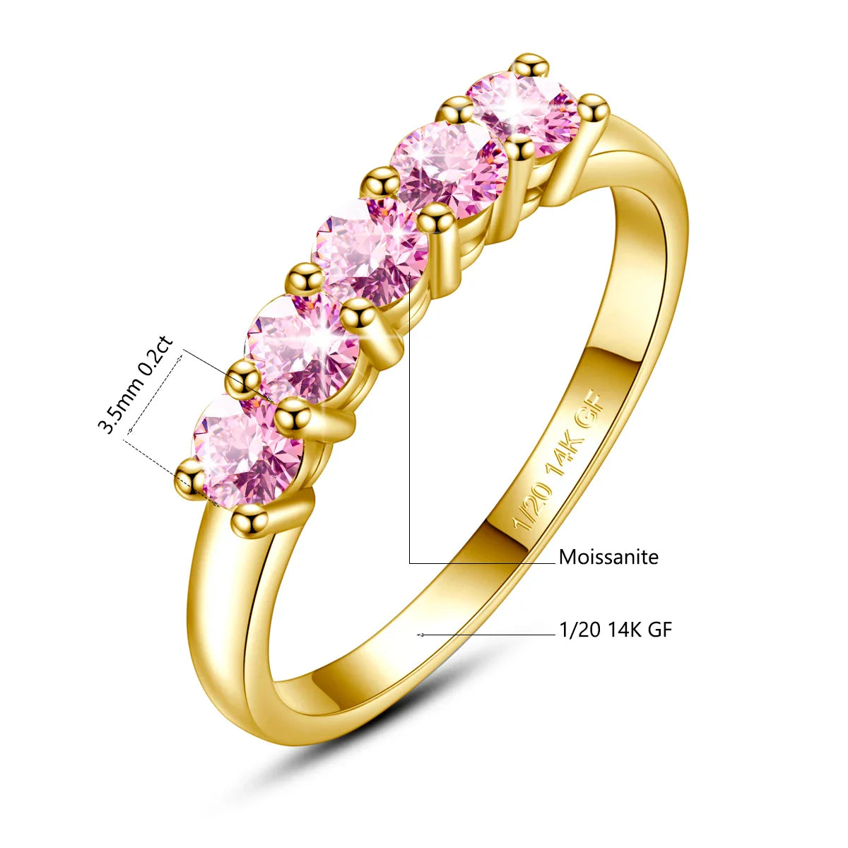 Real 14K Gold Filled Stacking Ring Five Stone Moissanite Wedding Band Finger Jewelry Accessories Anti fading Waterproof