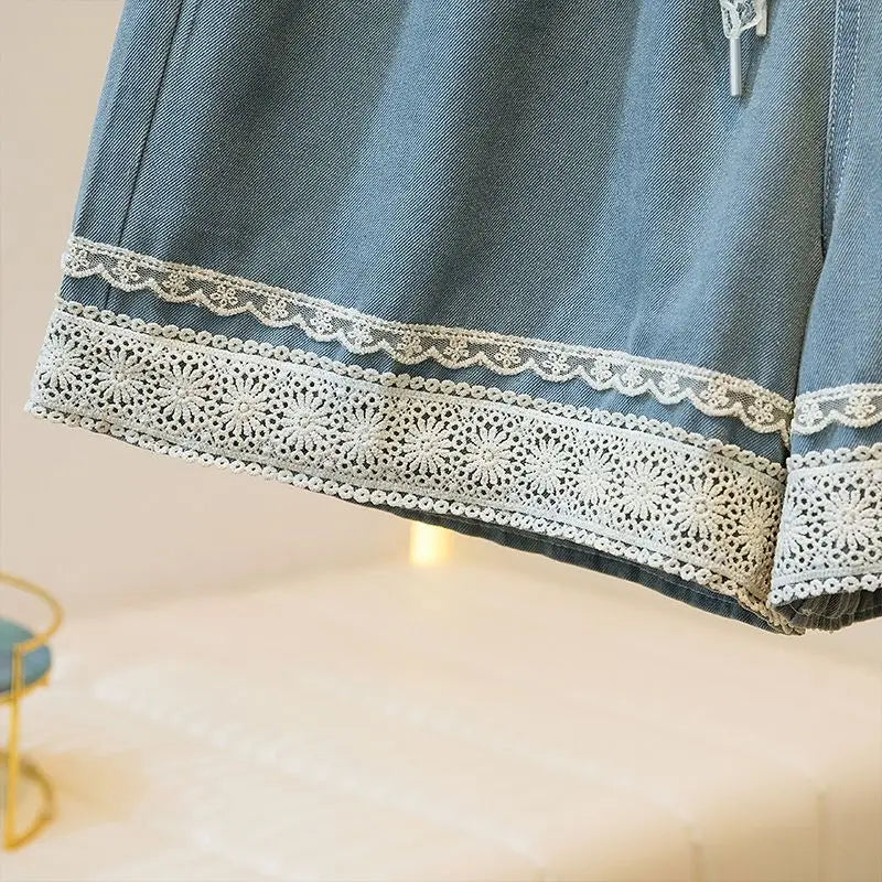 Women's High Waist Denim Shorts Summer Casual Loose Wide Leg with Lace Edging Five Points Trousers