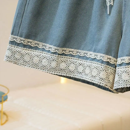 Women's High Waist Denim Shorts Summer Casual Loose Wide Leg with Lace Edging Five Points Trousers