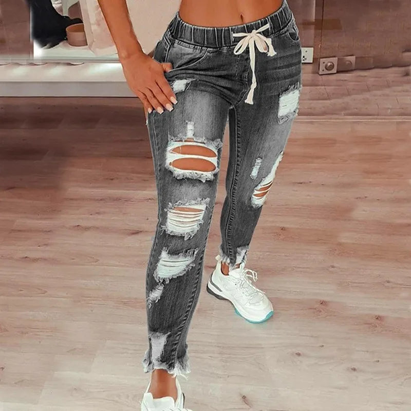 Women's S-5XL Size Tight Waist Jeans Women's Mid Waist Lace up Slim Fit Elastic Feet Pants Perforated Denim Pants