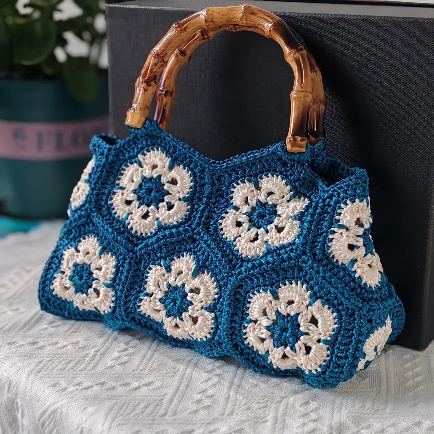 Handmade Crochet Granny Square Tote Bag with Bamboo-Style Handle, Vintage Woven Flower Pattern Shoulder Purse for Women