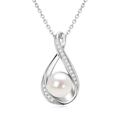 Moissanite Natural Freshwater Pearl Infinity Pendant Necklace & Earrings Sets for Women 925 Sterling Silver Wedding Jewelry Set