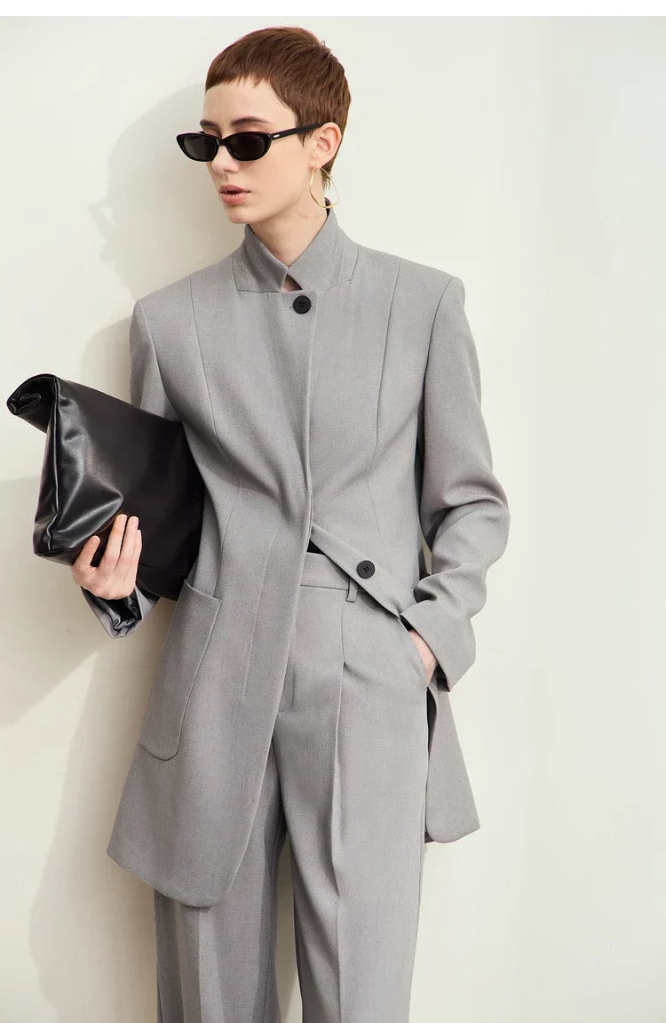 Minimalism 2024 Autumn Jackets for Women New Stand Collar Slim Female Vintage Quality Shoulder Pad Tailored Coat 12443066