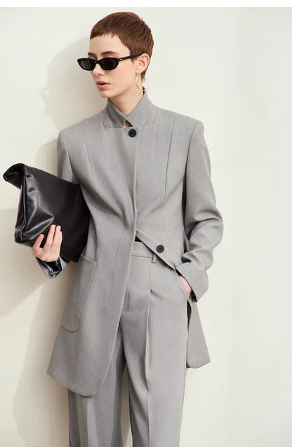 Minimalism 2024 Autumn Jackets for Women New Stand Collar Slim Female Vintage Quality Shoulder Pad Tailored Coat 12443066