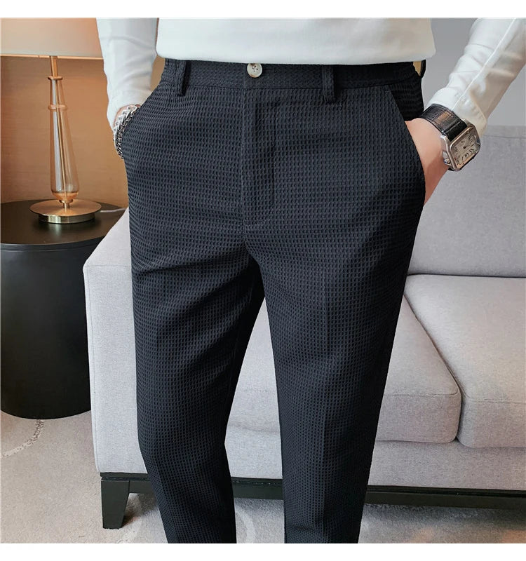 2024 Autumn New Waffle Stretch Waist Business Formal Pants Men Fashion Wedding Slim Trouser Mens Brand Social Party Suit Pants