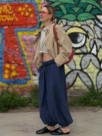 Summer Cotton Oversized Pants For Women Blue Baggy Aladdin Trousers Elastic Bloomers Navy Blue Cropped Lantern Harem Pants Woman