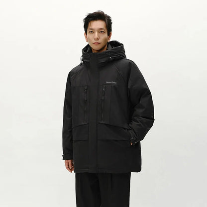 Down Jacket Men Mid-Length Hooded Sport Colorblock 2026 Winter Man Clothes Warm Outerwear Windproof Warm Colorblock Design