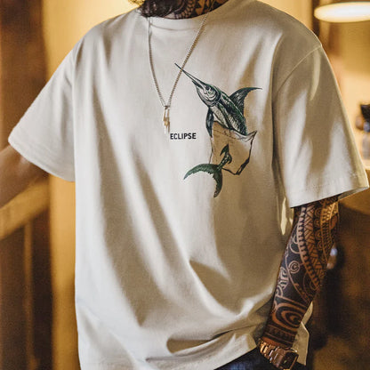 Casual Printed Short Sleeve T-Shirt Men's Summer Loose Fit Heavyweight Cotton Ribbed Round Neck Tee  Versatile Street Tops
