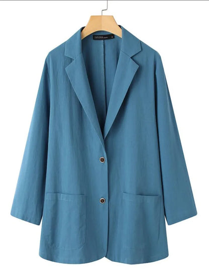Women Lapel Neck Long Sleeve Blazer Autumn Vintage Casual Solid Cotton Blazer Elegant Cardigan Thin Coats Work Suits