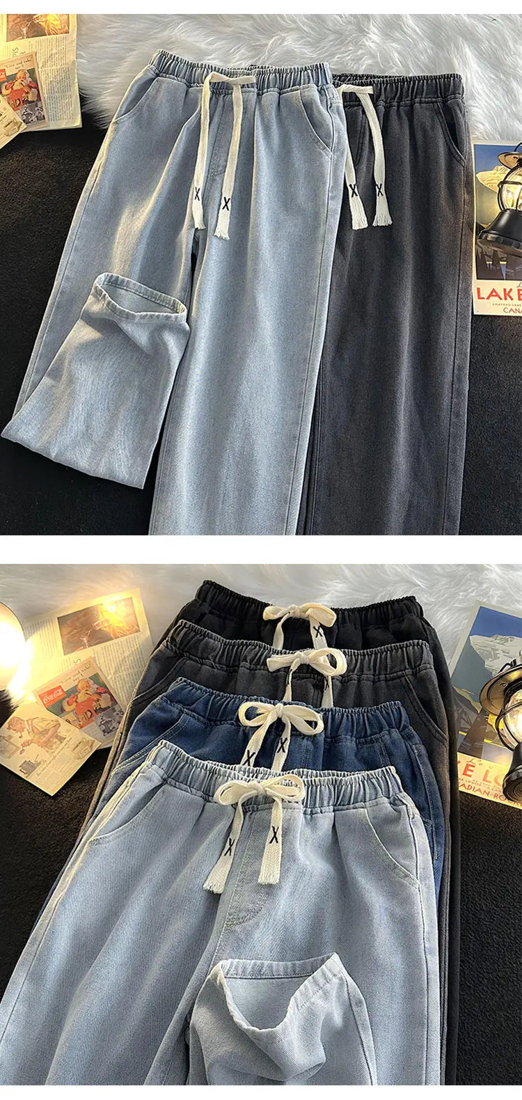 Casual Loose Straight Leg Men's Jeans Drawstring Elastic Waist Wide Leg Long Trousers High Street Fashion Denim Pants