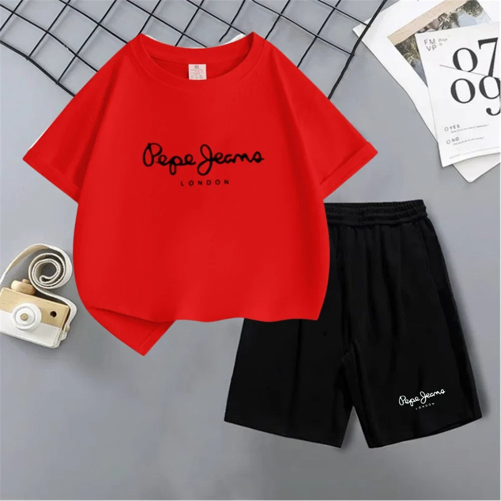 Summer T-shirt Children Short Sleeve Age 3-12 Girls Boy Set White Tshirt+Shorts 2pcs Youngster Cool Refreshing Kids Print Set