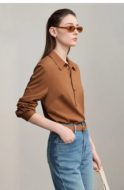 Women's Shirt 2025 Autumn New Minimalist Solid Knitted Ladies Tops Versatile Long Sleeve Straight Women's Blouse 12553101